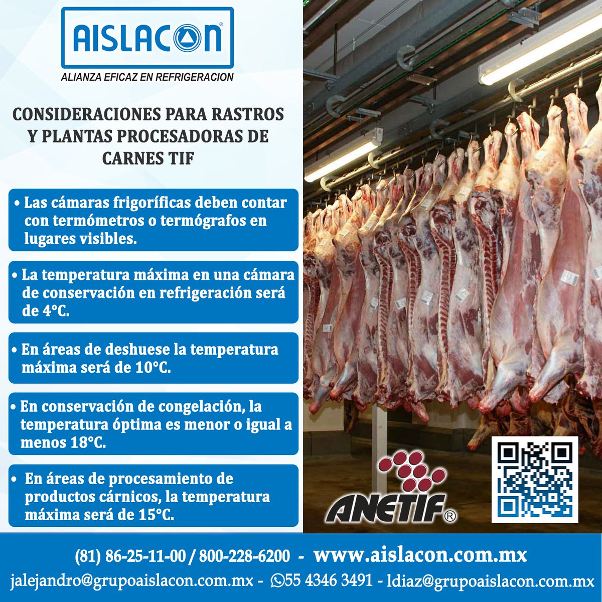 anetif's tweet photo. 🥩Conoce algunas de las consideraciones para establecimientos TIF:

❄ Las cámaras frigoríficas deben contar con termómetros o termógrafos en lugares visibles.

❄ En áreas de deshuese, la temperatura máxima será de 10°C.

#Aislacon #CuartosFríos https://t.co/ZfUekGSPET