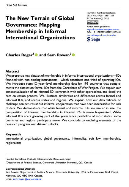 charlesbroger's tweet photo. Super excited to see that my recent piece with @_samsrowan on the "New Terrain of Global Governance" has now been assigned a place in the new issue of Journal of Conflict Resolution.

Check it out 👇Open access. https://t.co/PlvOOQQS4X https://t.co/VFnHo4CHiz