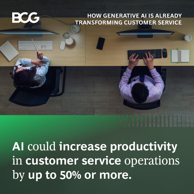 BCG's tweet photo. #AI could increase #CustomerService productivity by up to 50% or more.

Companies should start with off-the-shelf systems for high-value use cases, then move on to offering new products &amp; services.

See how #GenerativeAI is transforming customer service.