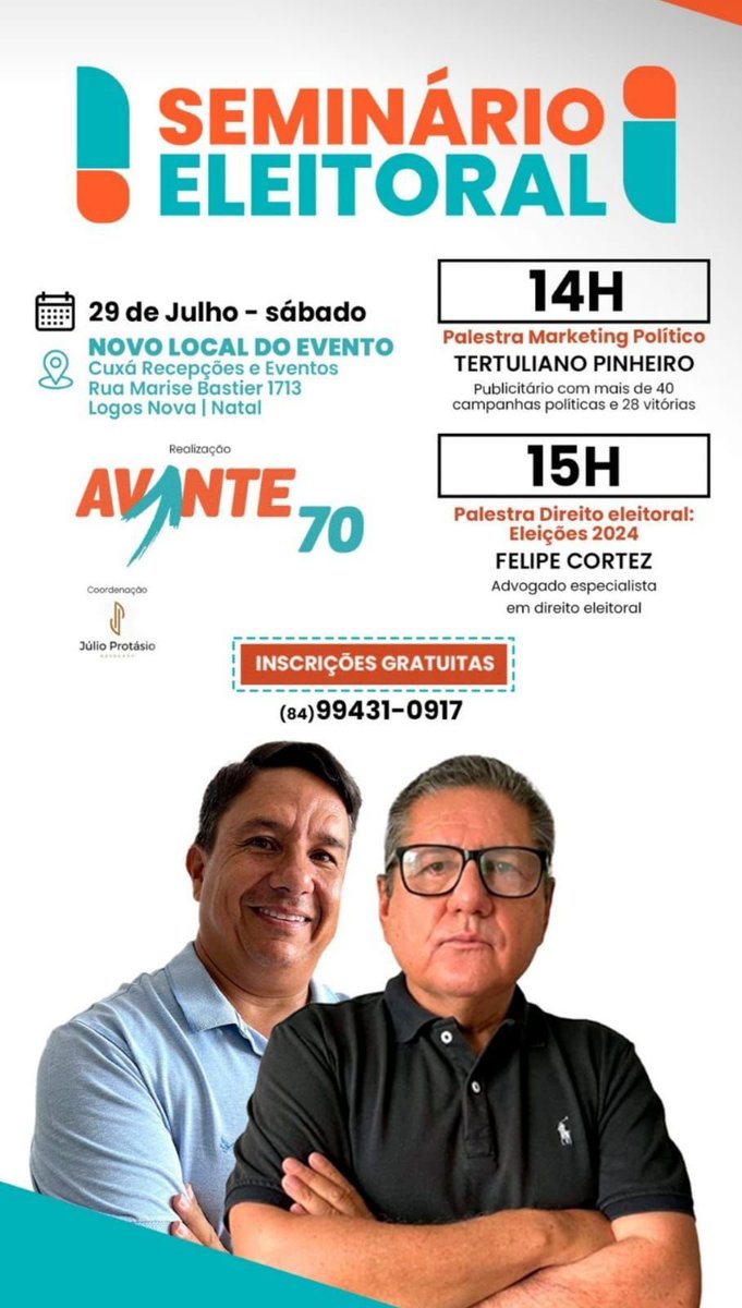 Sábado é dia do seminário eleitoral do <a href="/somosavante70/">Avante70</a> na capital Natal/RN. 
Palestras dos especialistas <a href="/felipecortezadv/">Felipe Cortez</a> e Tertuliano Pinheiro.