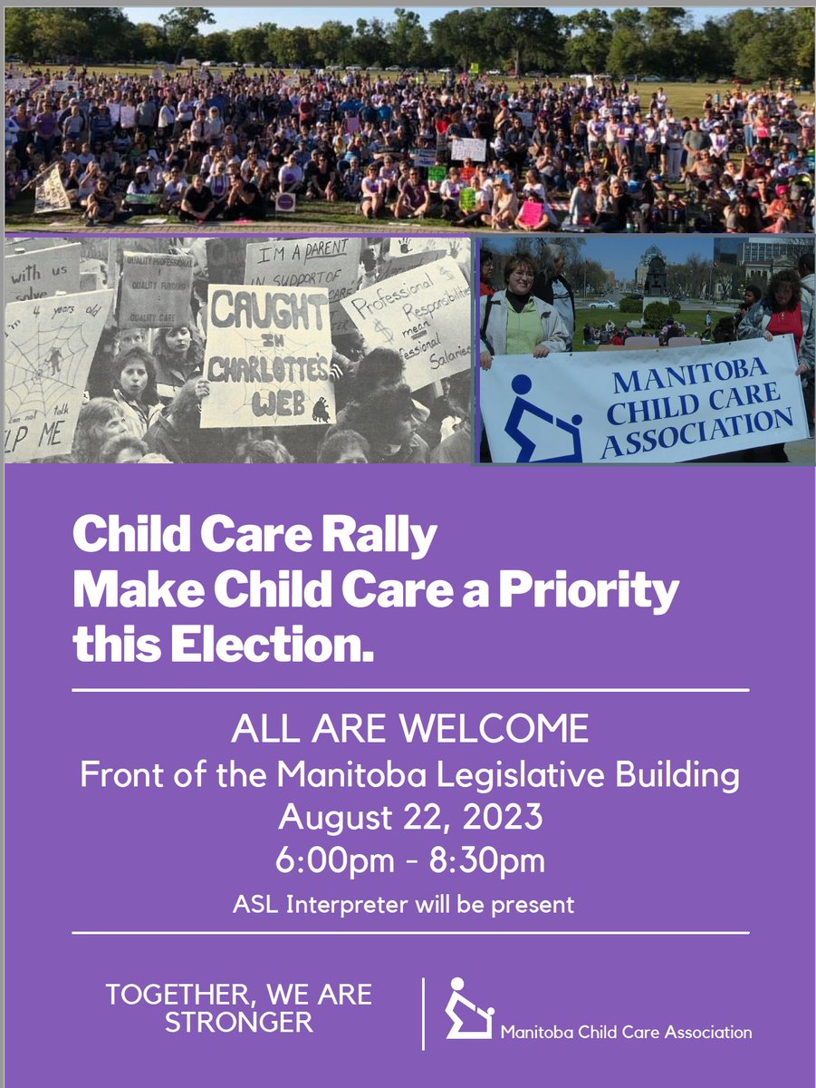 susanprentice's tweet photo. PSA: The Manitoba Child Care Association (@MCCAHOUSE ) is organizing a rally at 6pm on Tuesday , August 22nd at the MB Legislative Building, to make childcare an election priority. #mbpoli : The Manitoba Child Care Association (@MCCAHOUSE https://t.co/zF9MK4g1Nq