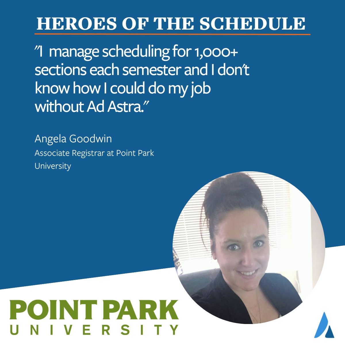 This week's Hero of the Schedule is Angela Goodwin of @PointParkU in Pittsburgh. At a school that specializes in dance and theater, Angela has her scheduling work cut out for her in order to accommodate unique learning spaces. She treats it like a game of Tetris. 😃