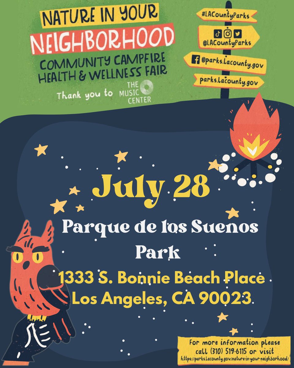 This week, Nature in Your Neighborhood comes to Parque del los Suenos! The Natural Areas team is bringing the Great Outdoors closer to home with animal exhibitions, performances from @MusicCenterLA and s'more! Hope we see you there!
