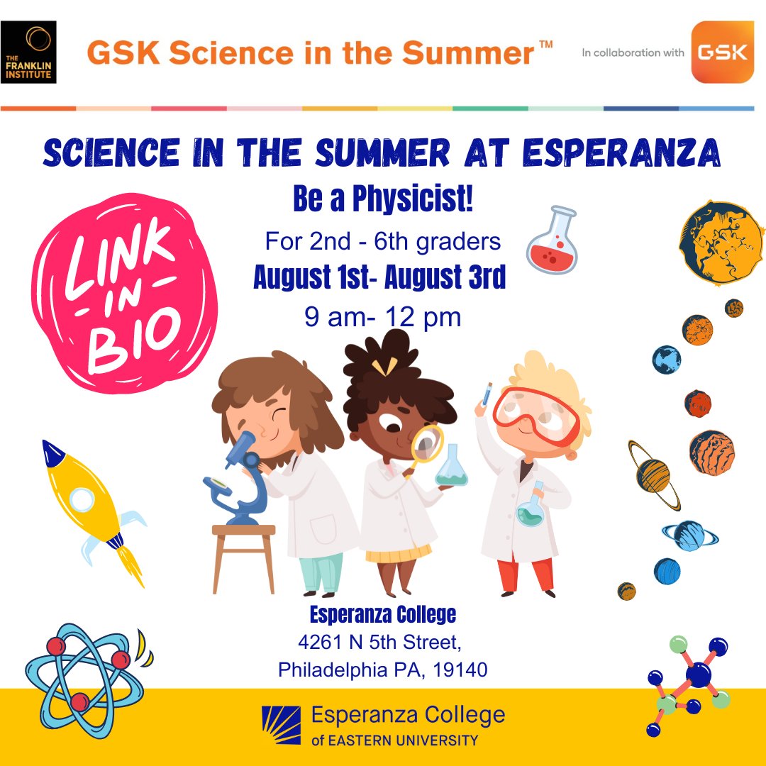 esperanza_us's tweet photo. Kids can be physicists this summer with Esperanza! @GSKUS #ScienceintheSummer, offered in collaboration with @TheFranklin is a fun FREE STEM program for elementary school-aged children!
REGISTER: https://t.co/BbCzFtDN6a
#myECEUstory https://t.co/a2fCS11mTK