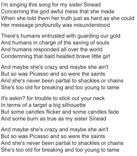 from Kris Kristofferson’s song ‘Sister Sinéad’ on the 2009 album ‘Closer to the Bone’