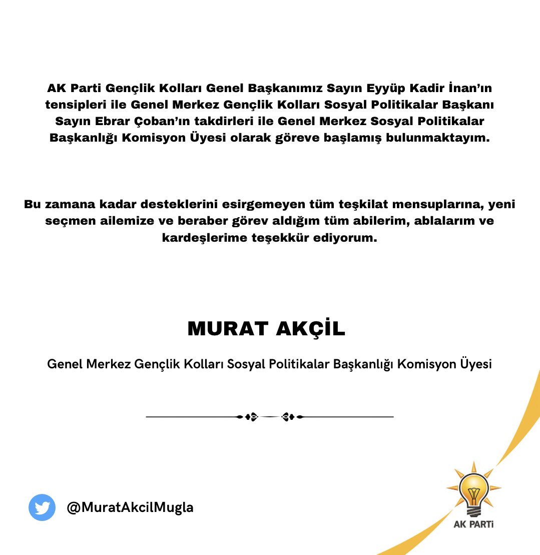 MuratAkcilGM's tweet photo. Genel Merkez Gençlik Kolları Başkanımız Eyyüp Kadir İnan’ın tensipleri ile ve Genel Merkez Sosyal Politikalar Başkanımız Ebrar Çoban’ın takdirleri ile Genel Merkez Sosyal Politikalar Başkanlığı Komisyon Üyesi görevine getirilmiş bulunmaktayım.  ++ https://t.co/eB579n6FpH