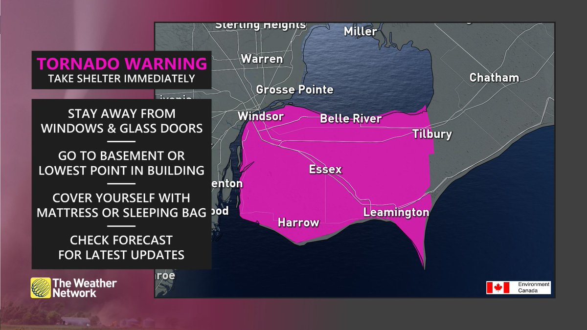 weathernetwork's tweet image. A TORNADO WARNING has been issued in Ontario for:

- Windsor - Leamington - Essex County

This is a dangerous and potentially life-threatening situation. Take cover immediately. 

#ONStorm #ONwx