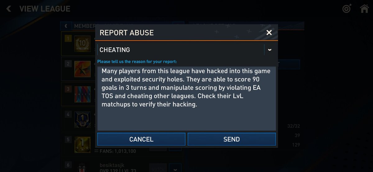 dot_games_'s tweet photo. @EAFIFAMOBILE @EAHelp @EASPORTS @EA I have reported both the BAD COMPANY and TURKGUCU leagues ranked #1 and #2. Other people from leagues who have experienced their cheating should report them too by clicking Leaderboards then View by their names then Report then choose Cheating in dropdown. Help make game better https://t.co/QWUR7PwhKs