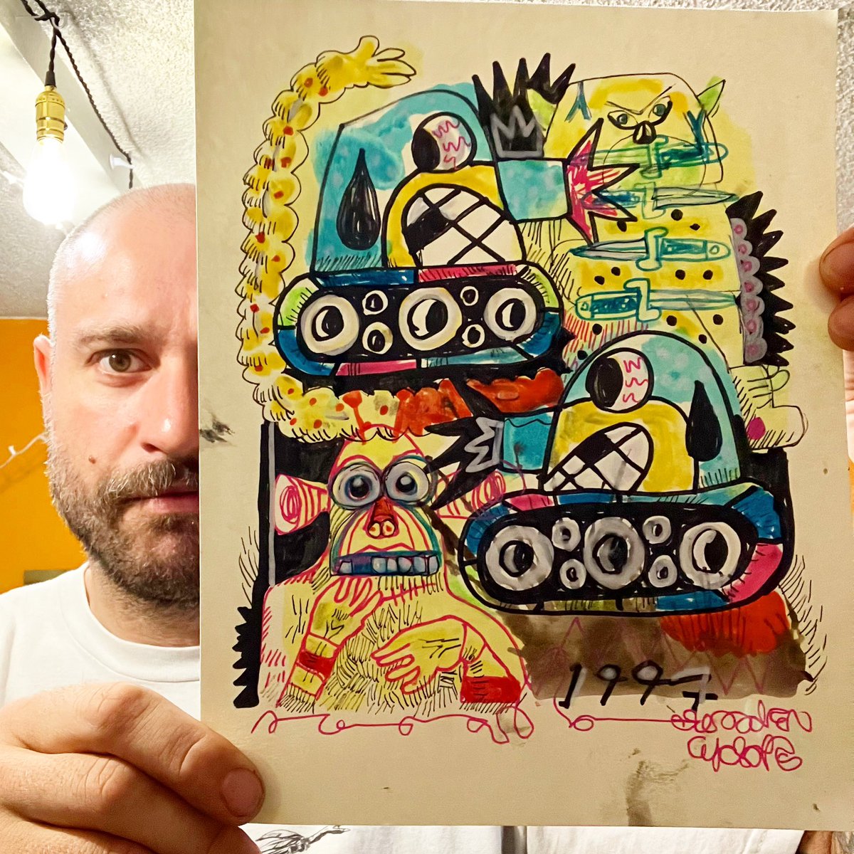 WoodenCyclops's tweet photo. Daily drawing #woodencyclops #draweveryday #ilovetodraw #artist #characterart #wtfdididrawlastnight #neoexpressionist #abstractart #nftart #emergingartist #wesleyjamesart #acrylic https://t.co/fDYqY0U77t