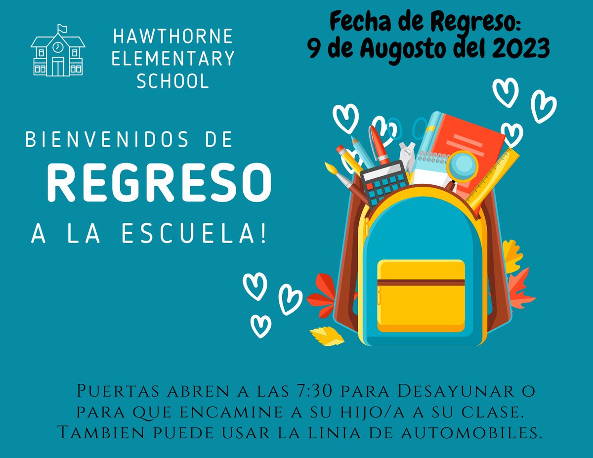 ¡Hola Hawks!

¡Estamos emocionados de comenzar el año escolar el 9 de agosto!

Queríamos compartir que nuestro distrito implementará ParentSquare a partir de agosto.

Visite nuestro sitio web para obtener información adicional de la escuela!

¡Nos vemos el 9 de agosto!