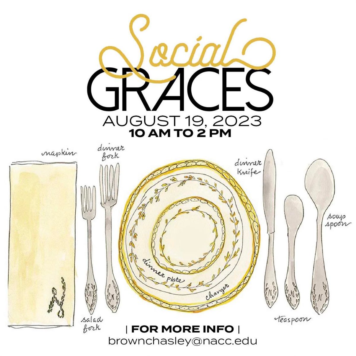 NACCMustangs's tweet photo. Our annual #etiquetteclass Social Graces will be August 19th from 10am-2pm! It's $40 per students, and that includes lunch. Grades 7-12 are invited! https://t.co/9tSKr83E6K