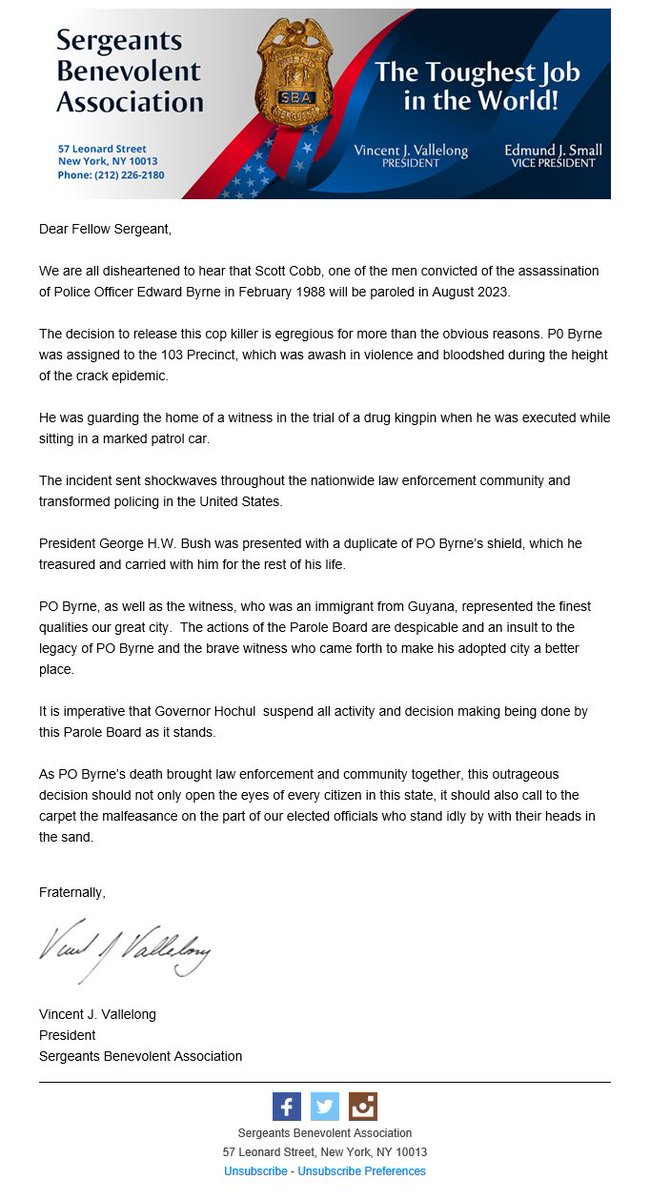 sbanypd's tweet photo. Please read this important letter regarding the parole of one of PO Edward Byrne’s killers. https://t.co/rtvh7X80ip