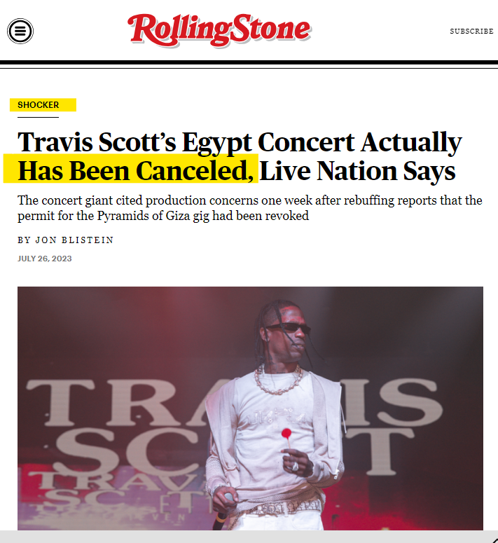 Egyptian authorities had sued to accuse him (July 16th) of being a #Freemason who opposes Egypt’s heritage and someone who performs satanic rites onstage. Welp...it turns out that Travis & his globalist cabal bros can suck it!😄 #Egypt got it right.