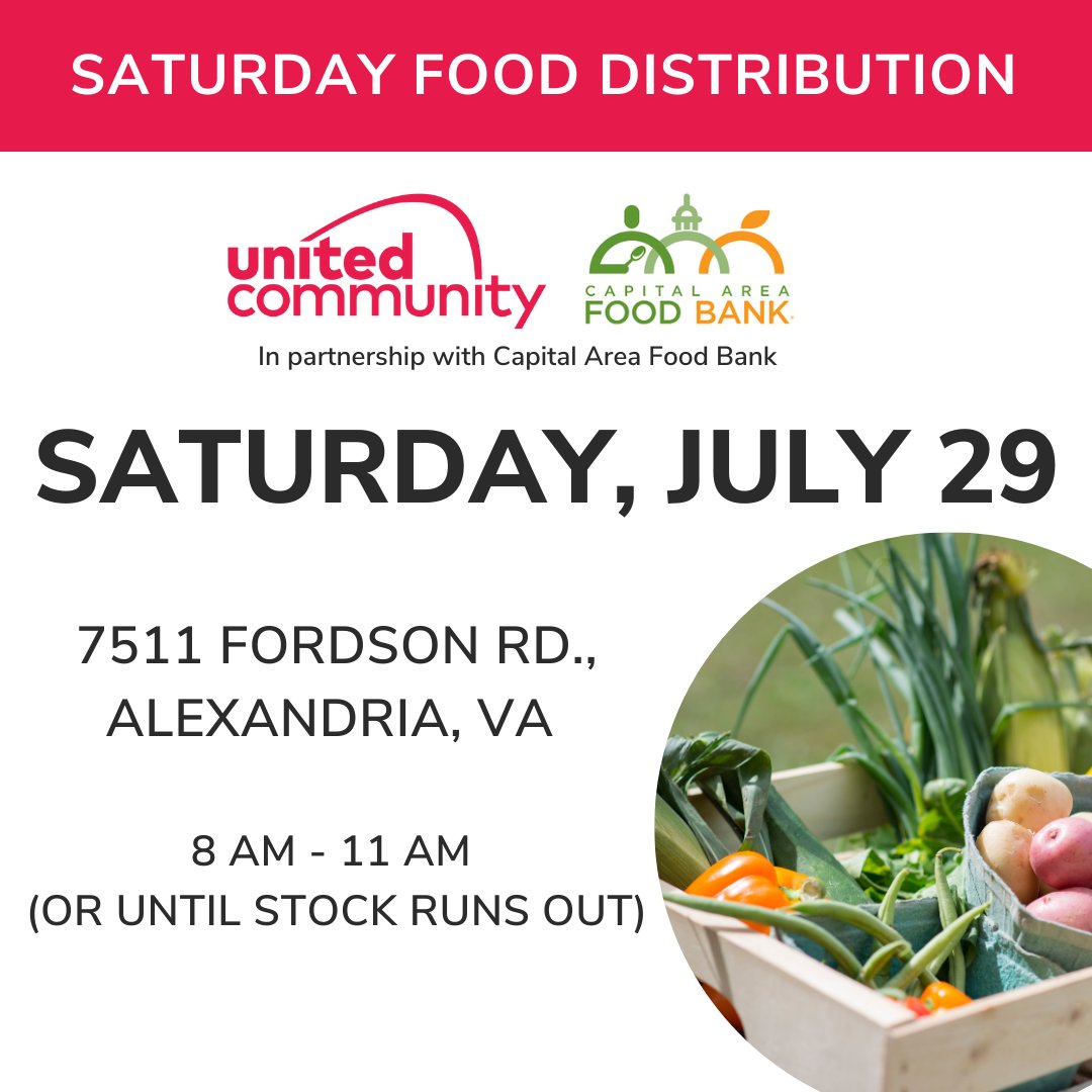 UCAlexandria's tweet photo. Don't miss the Saturday Food Distribution event on April 29th, presented by the United Community in partnership with @foodbankmetrodc. Join us at 7511 Fordson Rd in Alexandria from 8am-11am only while supplies last for a variety of fresh produce. This event is open to ALL. https://t.co/fqa9kLiO0B