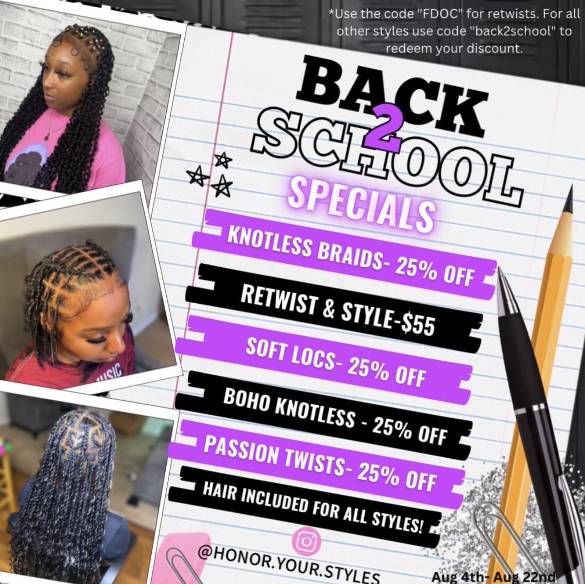 New Semester=New Hairstyle!!😍
HAIR INCLUDED for all styles😉 Click the link below to book your back to school appt!!💕 #ncat #NCAT #ncat27 #uncg #uncg27 

honoryourstyles.as.me

instagram.com/honor.your.sty…