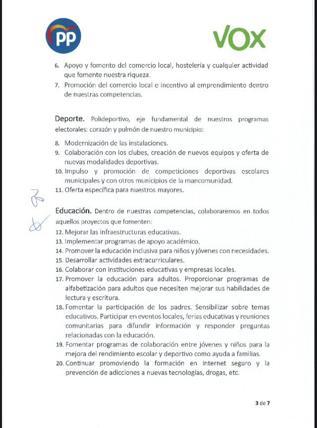 Estimados vecinos, adjuntamos en esta comunicación el acuerdo de gobierno firmado entre VOX y PP. 

…