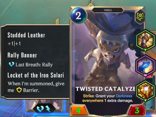 POTMDude's tweet image. Stunning Performance power on a unit with Barrier crashes game.
Could be that the barrier damage is 0 or the interaction with Twisted Catalyzer giving Darkness +1 dmg during the strike. (Also the unit it striked died)
@PlayRuneterra