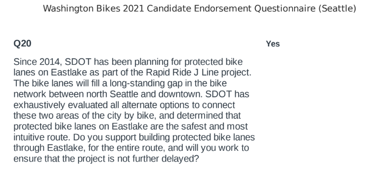 Washington Bikes (@wabikes) on Twitter photo No problem <a href="/CMSaraNelson/">Sara Nelson</a> we've got you covered!
Here's how you indicated support for Rapid Ride J, including protected bike lanes along Eastlake, in the 2021 endorsement questions: No problem <a href="/CMSaraNelson/">Sara Nelson</a> we've got you covered!
Here's how you indicated support for Rapid Ride J, including protected bike lanes along Eastlake, in the 2021 endorsement questions:
