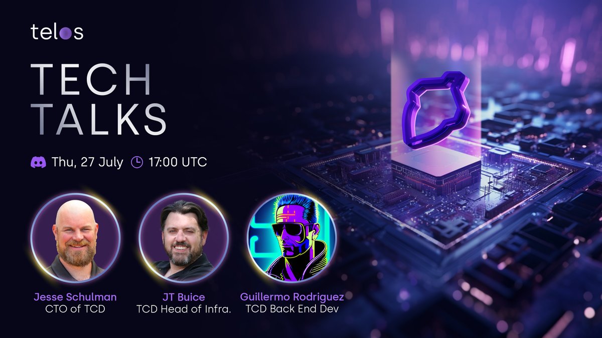 Tune in for the latest #Telos Network developments in our upcoming #TelosTechTalks, hosted July 27 in the Telos Discord! Ft. Telos Core Developers <a href="/foflexity/">Jesse</a>, <a href="/hartparr/">J.T. Buice</a>, and Special Guest, Guillermo Rodriguez!

Don't miss it! 👇
📍 discord.gg/telosnetwork
📆 July 27
⏰ 17:00 UTC