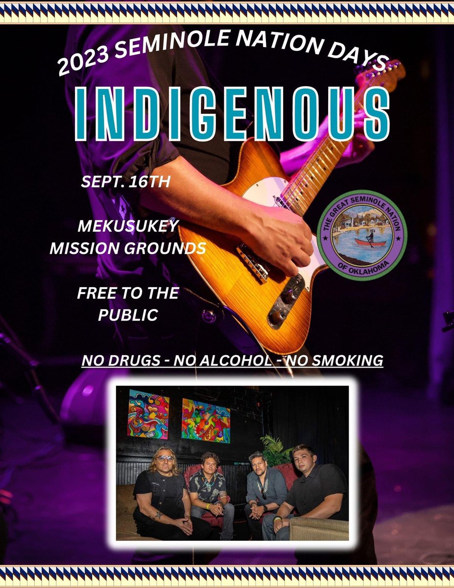 Coming to the Stage for the 2023 Seminole Nation Days celebration is the band, Indigenous, for a FREE concert on September 16th!