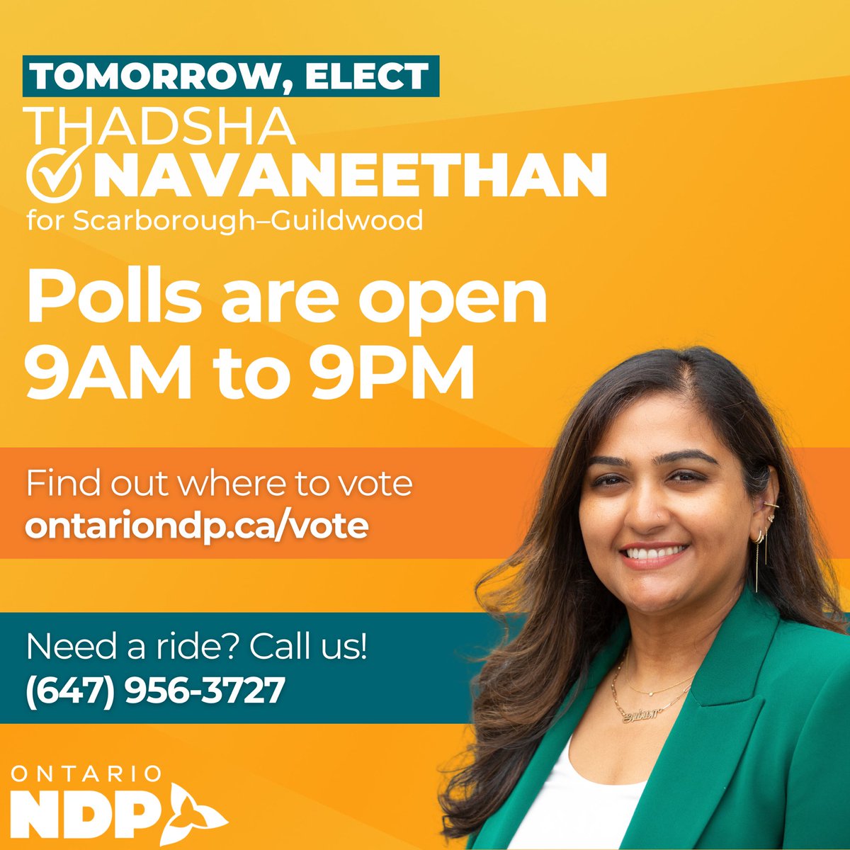 Attention Scarborough - Guildwood!🚨🚨🚨 Tomorrow is ELECTION DAY! 

Let’s get out and vote- polls are open from 9 am to 9 pm. You can find the closest polling station to you by clicking here: ontariondp.ca/vote 

If you need a ride you can call us at 647- 956- 3727!🍊