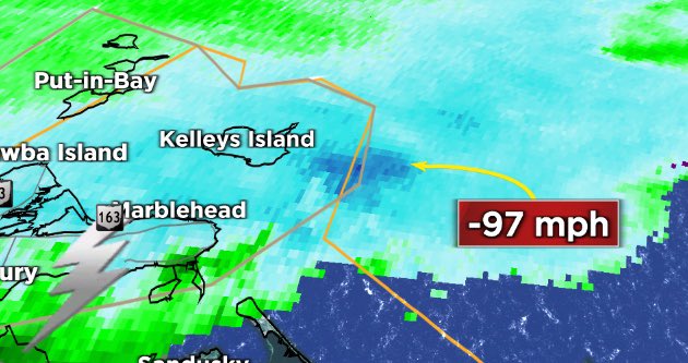 Big time winds passing just E of Kellys Island and just NE of Cedar Point. Velocity showing winds nearing 100mph, but likely a bit less at ground level.