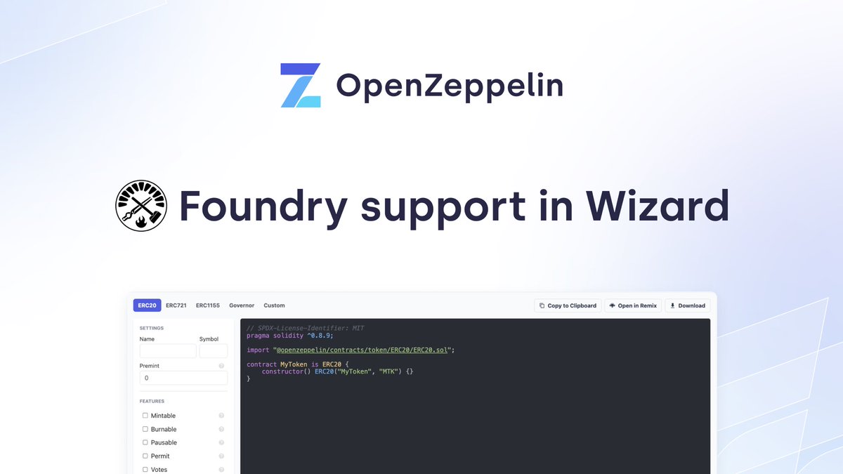 🔥⚒️ Foundry meets Wizard 🧙

Download a Foundry development package:

🔨Configure contracts with OpenZeppelin supported components.
🧑‍💻Bootstrap with a ready-to-use Forge project, including your configurations.
⚡️Enjoy Forge’s features to develop, test, and deploy contracts.

👇