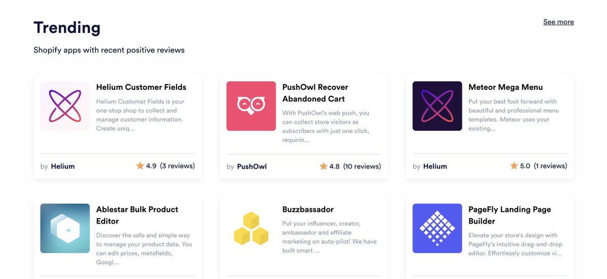 Really loving Hey Carson's new Shopify app review platform. The format is really well done, a lot more detailed, and reviews can be left by agencies in addition to merchants. It's almost like a G2 specifically for Shopify Apps. 

Also, peep <a href="/buzzbassador/">Buzzbassador 🐝</a> in trending 👀🎉