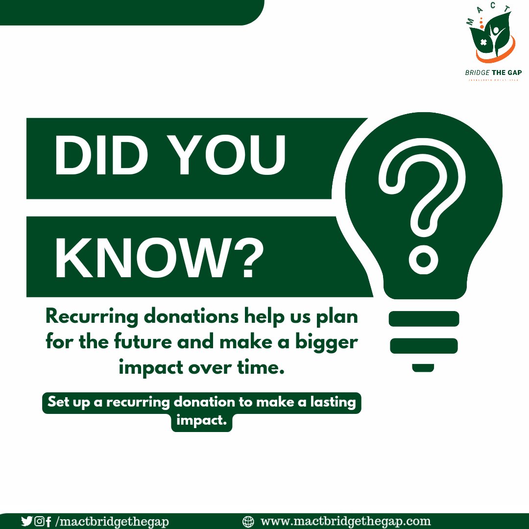 mactbridgedgap's tweet image. Whether it's supporting environmental conservation, aiding vulnerable communities, advancing medical research, or championing education, recurring donations play a vital role in creating a more sustainable and compassionate world.

#recurringdonation #recurringservice #Giving