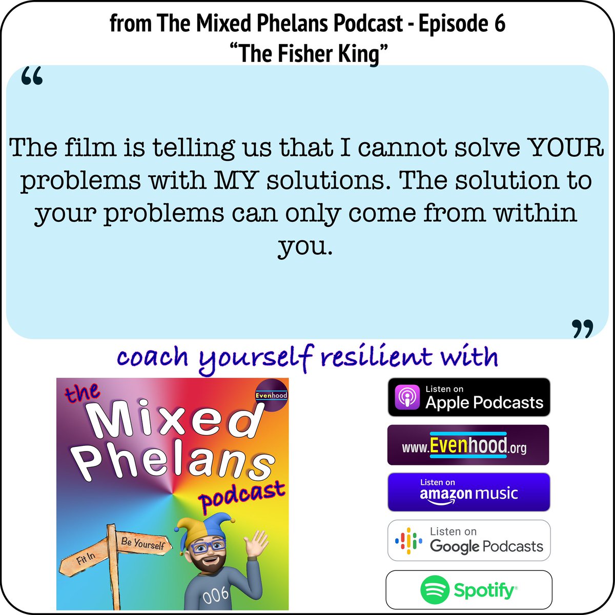 Coach yourself resilient. Free podcast. No ads. No sales. No subscribe. Just you and guided coaching. Give it a whirl - you’ve got resilience to gain and nothing to lose. podcasts.apple.com/gb/podcast/mix… #Resilient #Wellbeing #BeYourself #Evenhood #MentalHealth