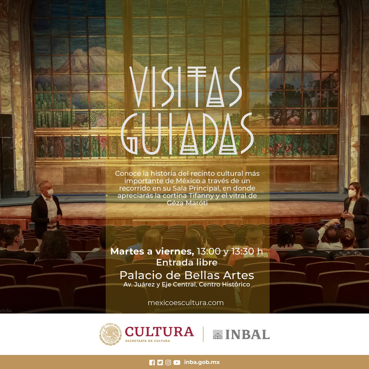 Enamórate de los hermosos detalles ornamentales de la #SalaPrincipal del #PalacioDeBellasArtes con una de nuestras #VisitasGuiadas. 😍

Te esperamos de martes a viernes, a las 13:00 y 13:30 horas. Se requiere registro de 30 minutos antes de la visita.
#EntradaLibre #CupoLimitado