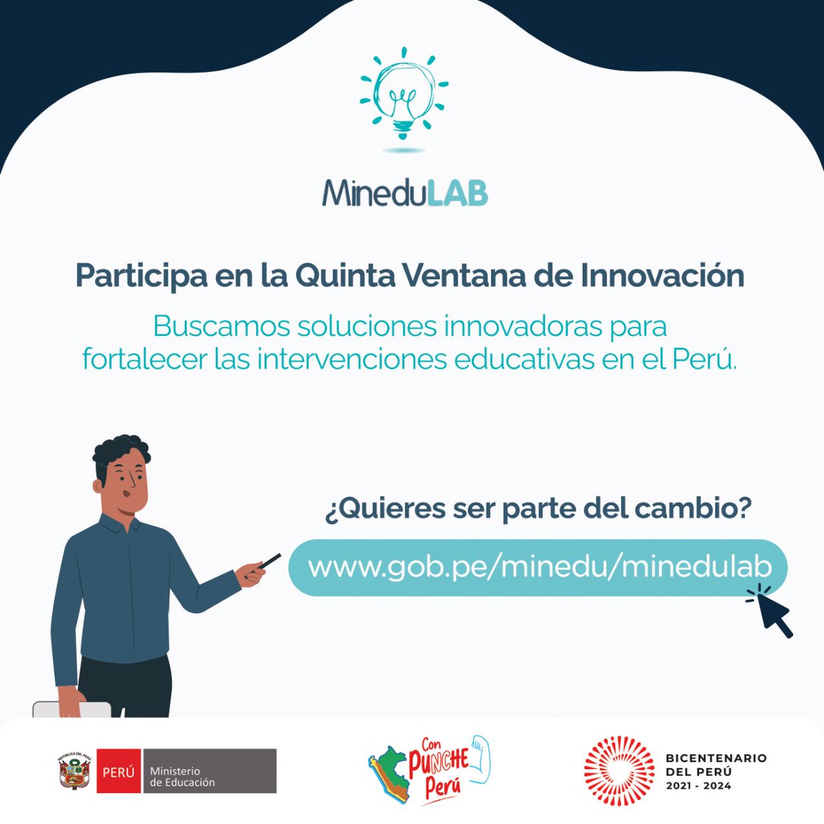MineduPeru's tweet photo. 📢 ¡Atención, investigadores/as! 📢 #MineduLAB te invita a participar en la Quinta Ventana de Innovación💡 ¡Postula una solución innovadora que contribuya a mejorar el servicio educativo peruano! 👩🏫👨🏫📚 https://t.co/ltlNa1hXMZ