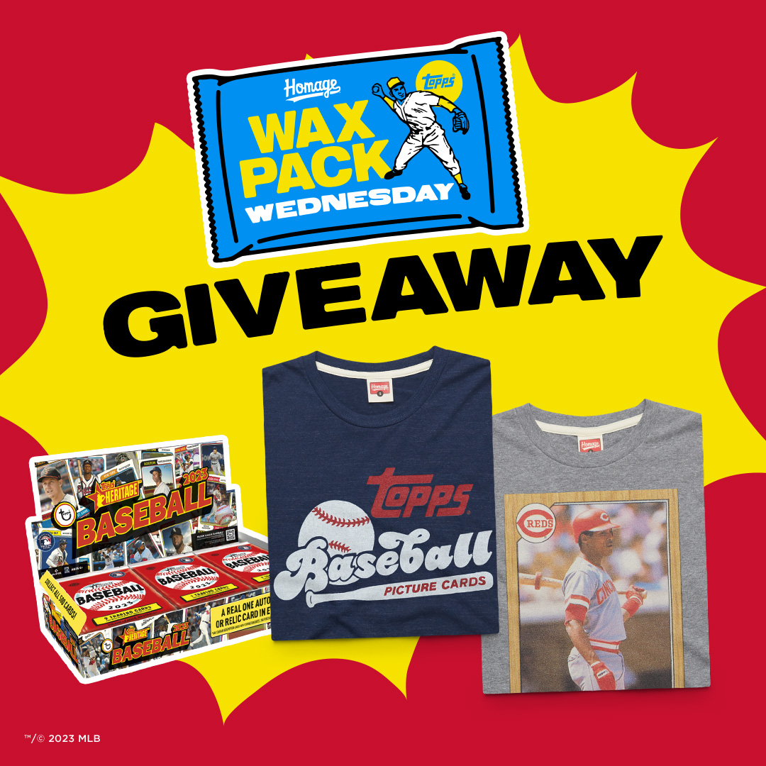 It's time for our final Wax Wednesday Giveaway! 

ENTER TO WIN these two tees &amp; a sealed 2023 <a href="/Topps/">Topps</a>  Heritage Baseball Hobby Box!

TO ENTER: 🚨
Follow <a href="/HOMAGE/">HOMAGE</a> 
Like this tweet
Reply with your favorite player growing up!

Ts &amp; Cs: homa.ge/terms