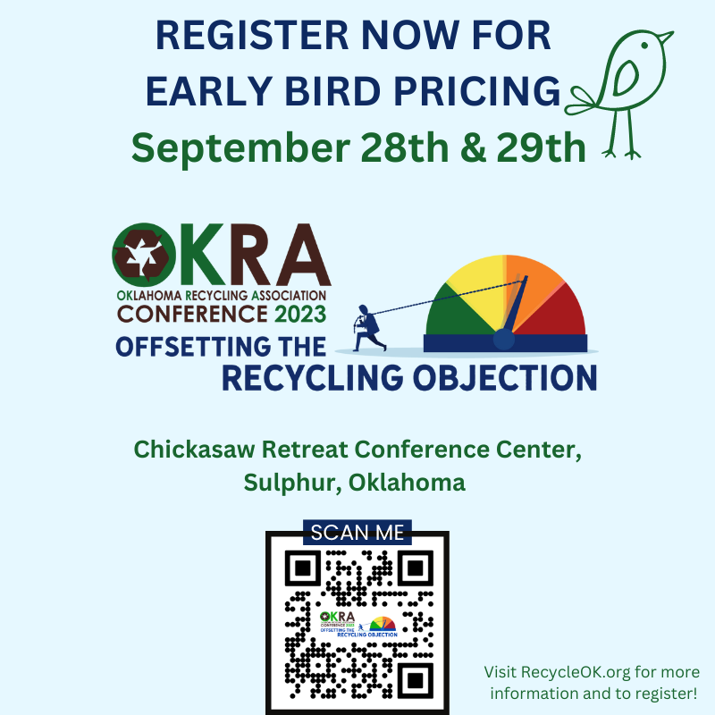 Registration Fees for the OKRA Recycling Conference:

OKRA Member: $85 (Earlybird discount $65 until 8/ 31)
Non Member: $105 (Earlybird discount $85 until 
8/31)
Senior 65+/Student: $30

Fees include cook out, breakfast, luncheon buffet and beverages!

eventbrite.com/e/2023-oklahom…