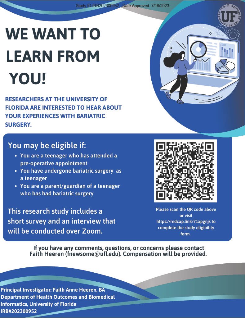 Alexandra Lee, PhD (@alexandra_m_lee) on Twitter photo Researchers <a href="/UFMedicine/">UF Medicine</a> are seeking participants for a research study on bariatric surgery in teens (IRB202300952). If you’re interested in the study, please visit redcap.link/71xpgnjs. Questions? Contact Faith Heeren via email (fnewsome@ufl.edu) Researchers <a href="/UFMedicine/">UF Medicine</a> are seeking participants for a research study on bariatric surgery in teens (IRB202300952). If you’re interested in the study, please visit redcap.link/71xpgnjs. Questions? Contact Faith Heeren via email (fnewsome@ufl.edu)