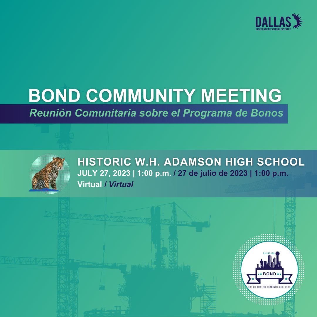 Lo invitamos a una reunión comunitaria para platicar sobre las renovaciones de la histórica Adamson High School (en Oak Cliff). La reunión se llevará a cabo de manera virtual el jueves, 27 de julio de 2023, a la 1:00 p.m. Detalles de la reunión: dallasisd.org/BondNews#Build…