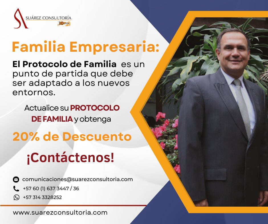 suarezconsultor's tweet photo. Suárez Consultoría apoya a su empresa y su familia, por eso queremos que se beneficie con un 20% de descuento, para que realice su Protocolo de Familia.
Visítenos en https://t.co/97bDm0K1rX
#ProtocoloDeFamilia #FortalecimientoFamiliar #NuevosDesafíos #AdaptaciónEmpresarial https://t.co/qG5itXCPNu
