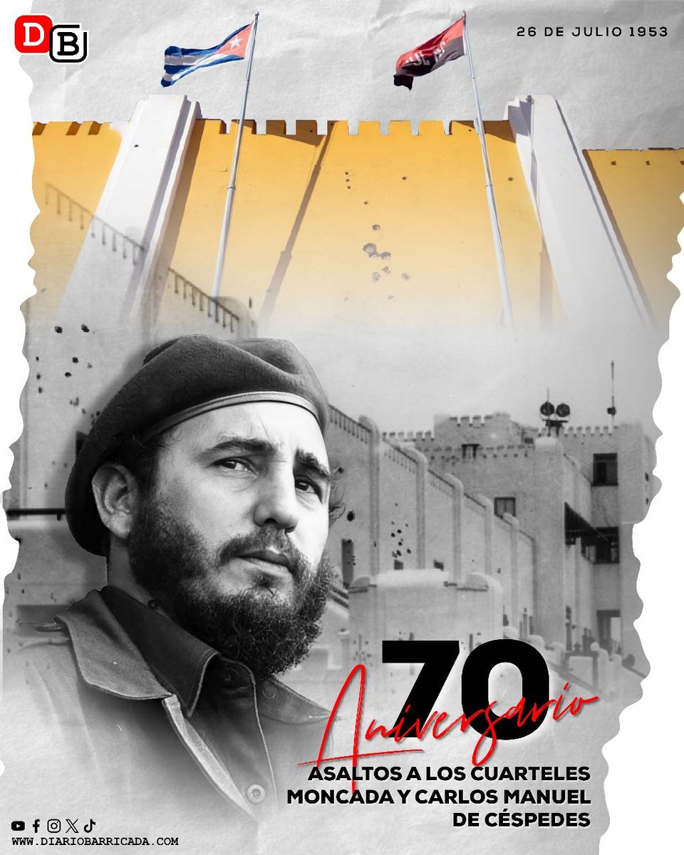 Hoy Cuba conmemora el 70 aniversario Moncada y Carlos Manuel de Céspedes por Fidel Castro y otros jóvenes revolucionarios que no dejaron morir al Apóstol: Martí, en el año de su centenario, en 1953.Cuba sigu los caminos del Moncada con Valentia y dignidad.#70Moncada