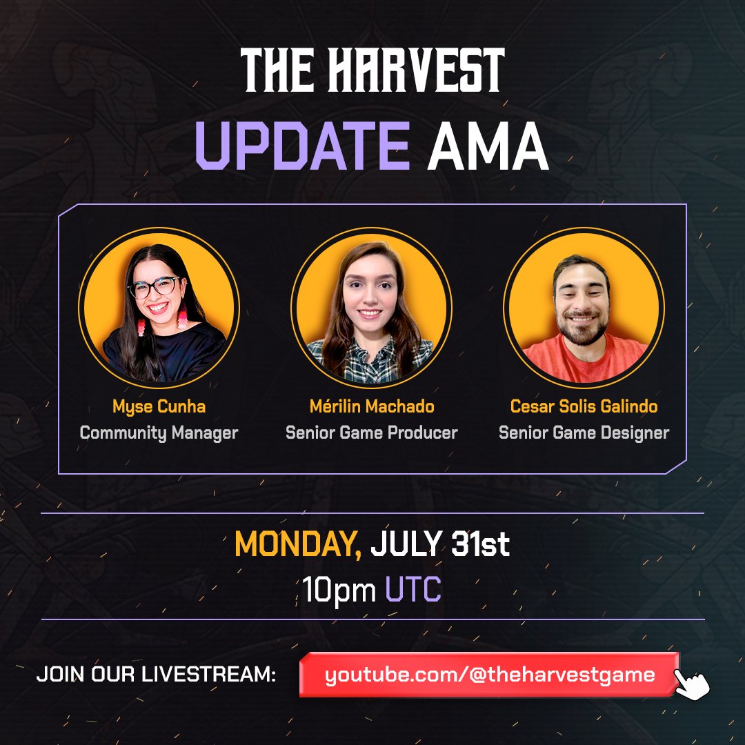 THE HARVEST UPDATE AMA 🔥 You've seen the sneak peek and it left you wanting more? 🤔 On July 31, join our team as we tell you what we've been building over the past month in O'Ree-Jin! 🚀 Set your reminders below so you don’t miss it, Harvesters!!! 👇 youtube.com/live/mVpp9NVXQ……