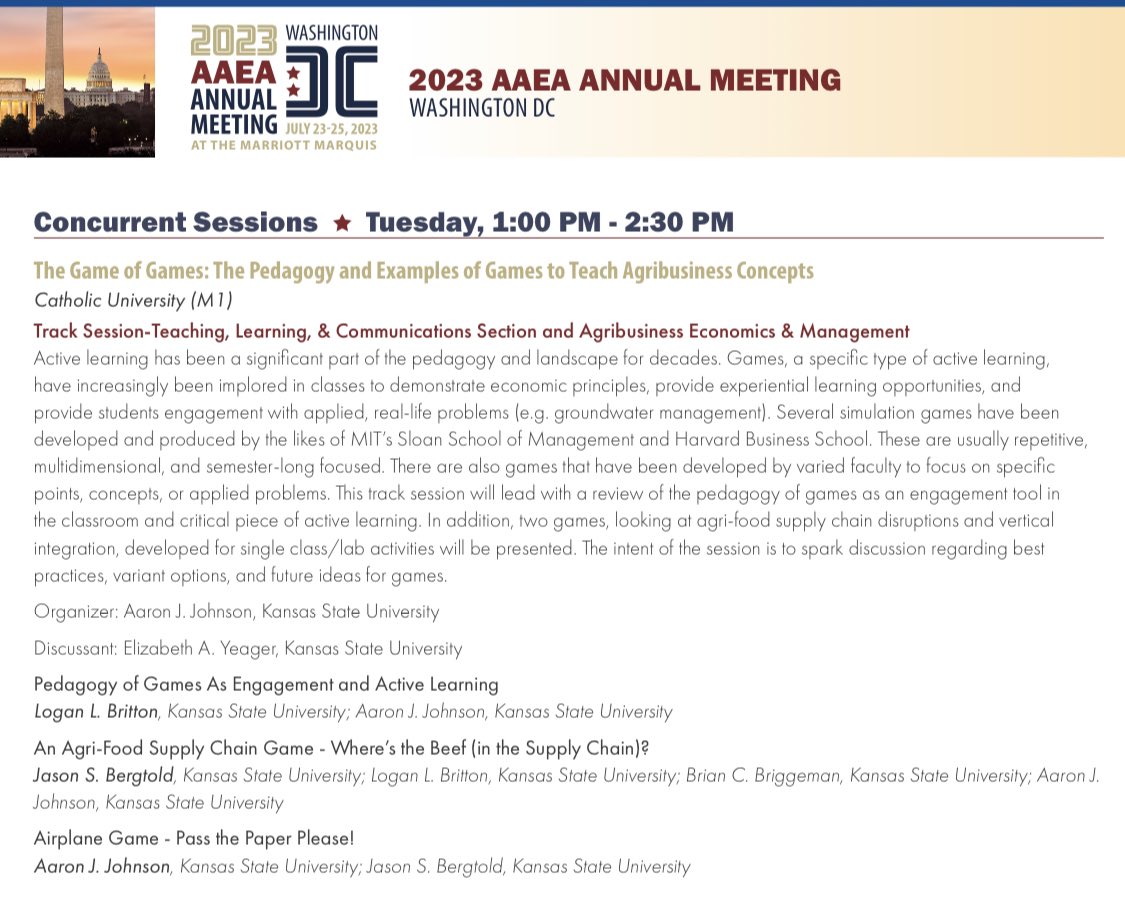 na_zuo's tweet photo. The Game of Games! If you want to spice up your classroom engagement with games, look no further!! Professors Logan Britton, Jason Bergtold, and Aaron Johnson @kstateagecon got you covered! #aaea2023 https://t.co/MZtFUsVIJG