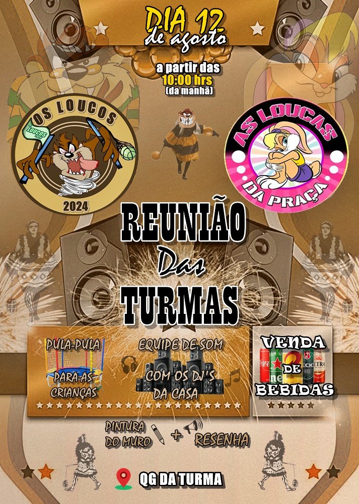 O encontro está marcado, com as turmas Loucos e Loucas da Praça!🐰🌪️🎭
O evento acontecerá dia 12 de agosto com início a partir das 10h. 
Todas as turmas estão convidadas e serão muito bem vindas no nosso evento.
•Tragam suas bandeiras;
•Bebidas a venda no local.