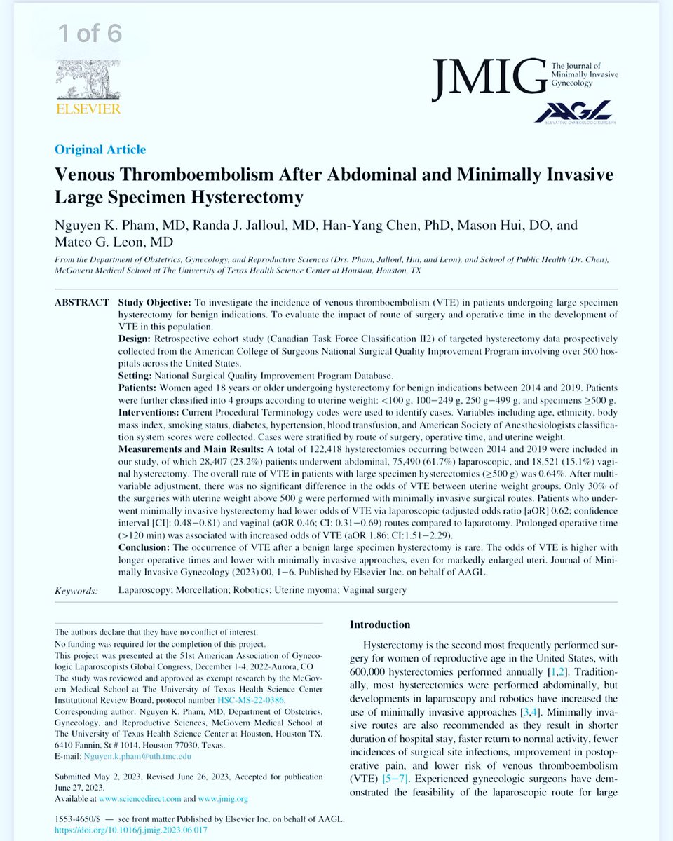 uthealth_migs's tweet photo. Excellent article from @mateol10 @JalloulRanda on #vte in large specimen hysterectomy 
@AshaBhalwal @AyaMohrSasson @olivialdziadek @Scblackwellmd https://t.co/3uKWBBjL8i