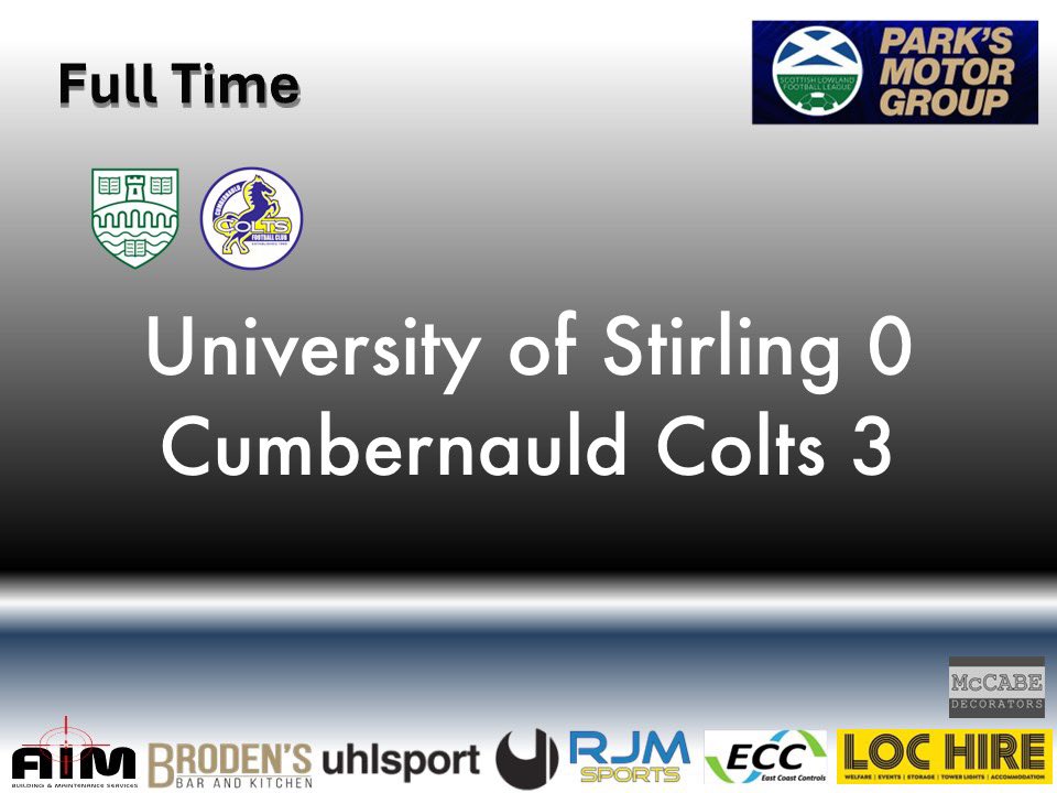 OfficialCColts's tweet photo. Full time

An excellent display against a strong Stirling Uni side.

We weathered a storm at times but played good controlled football.

Billy Mortimers 3 goals for the 3 points.

A 2nd clean sheet also which will delight the manager and assistant. 

On to Berwick we go https://t.co/l2Idz3V7Tp