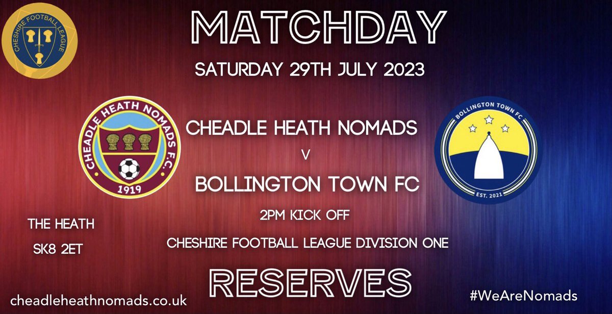 There’s action at The Heath this weekend as our reserves start their <a href="/CheshireFL/">Cheshire Football League ⚽️</a> campaign on Saturday with the visit of <a href="/BollingtonTown/">Bollington Town FC</a> 2pm kick off- come down and give the boys your support #WeAreNomads