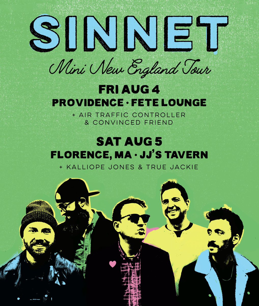 SinnetSongs's tweet photo. Mini New England Tour Coming up!

Fri Aug 4 @fetemusic 
with @atcmusic &amp; @convincedfriend 
https://t.co/6Rv05JWWK1

Sat Aug 5 at JJ’s Tavern 
with @kalliopejones @truejacqueline 
Presented by fantastic shows
https://t.co/d5pk2m6MpQ

#nemusic #indierock https://t.co/eCJpceHisN