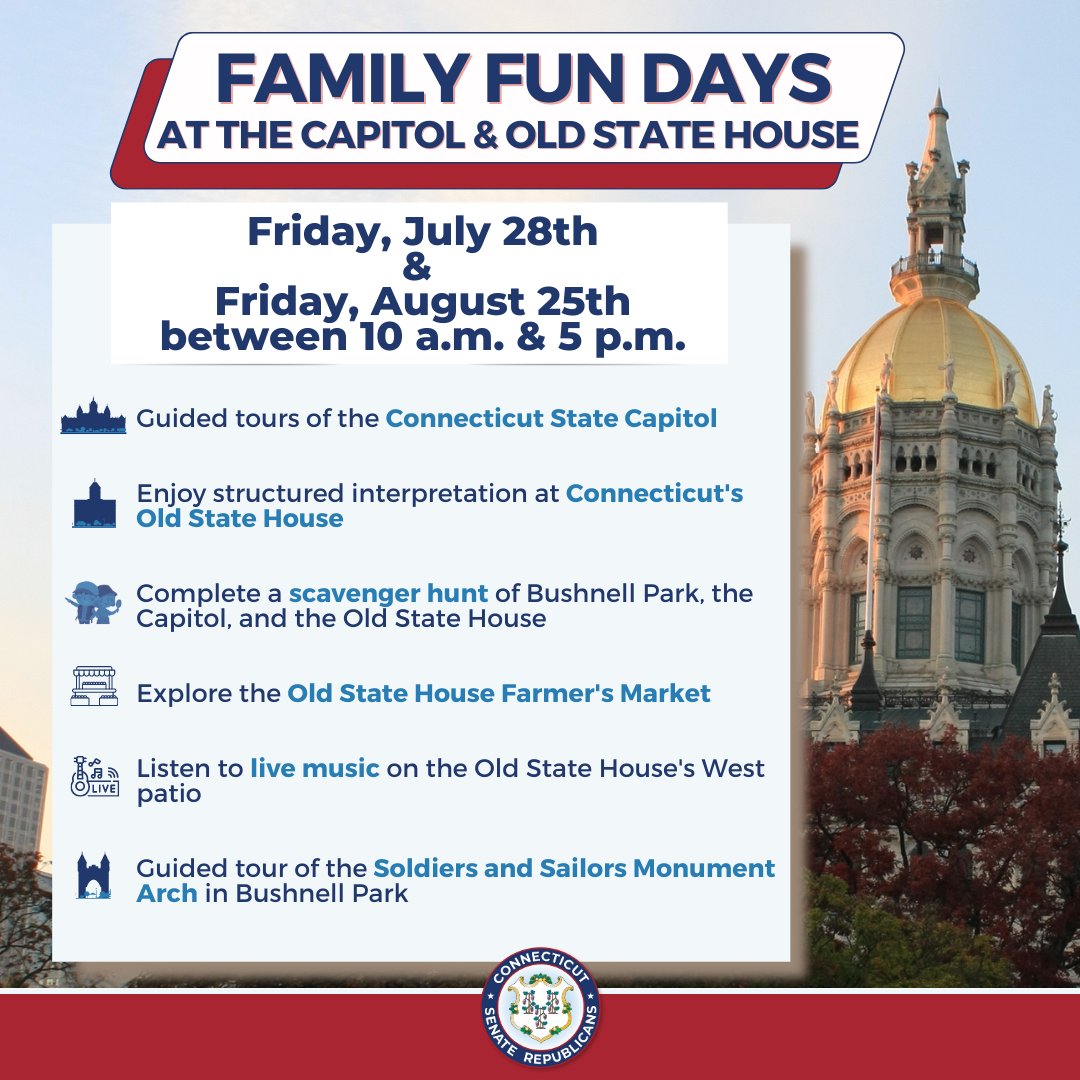 CTSenateGOP's tweet photo. Ever wanted to tour the State Capitol and learn about the history of CT? Check out the Capitol and CT's Old State House during FREE Family Fun Days! For more information, please visit https://t.co/IfvMYZIpEa.
#visitct #thenandnowfamilyfunday https://t.co/Xc7cE3gAoI