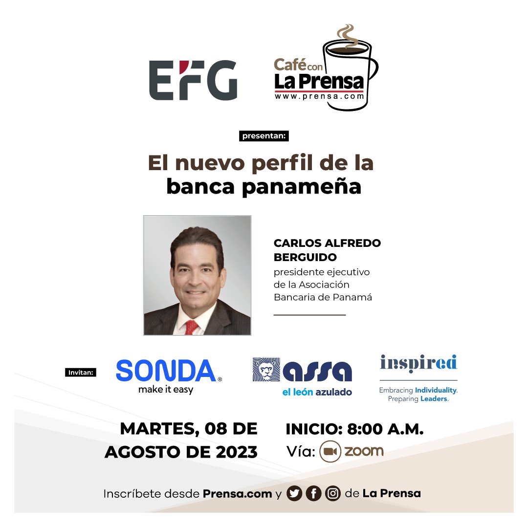 El martes 08 de agosto a las 8:00 a.m. te esperamos en Café con La Prensa, ☕️🗞 para conversar junto al presidente ejecutivo de la ABP; Carlos Berguido, sobre “El nuevo perfil de la banca panameña”. Inscríbete GRATIS aquí bit.ly/43tcap0