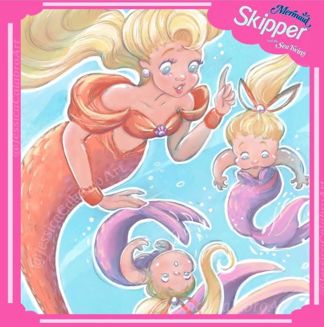 JessicaCalabro's tweet photo. I always thought she was baby sitting the twins and teaching them how to swim. The colors are so vibrant. They also reminded me of the little mermaid twin episode. (also loved the barbie artwork of the 80s and 90s) #MermaidBarbie #twins #swimming https://t.co/dlc5o9yzZY