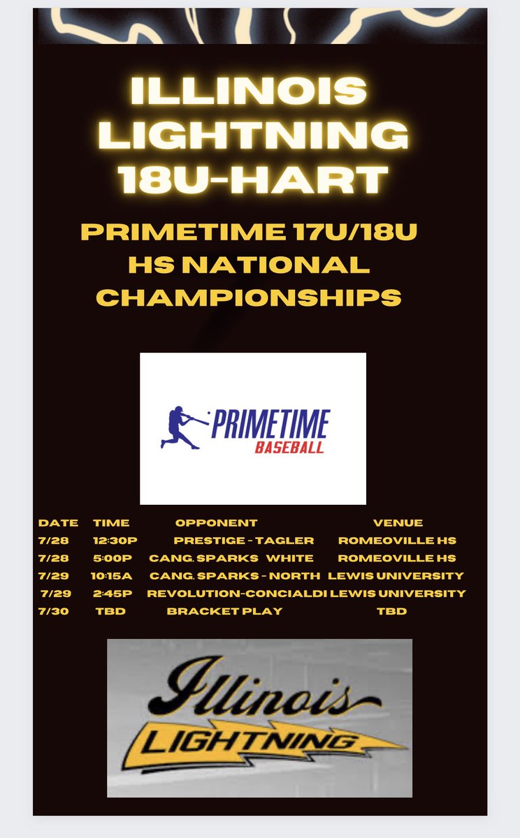 IL.⚡️18U-Hart LAST DANCE

After 10yrs. This will be the Final Tourney of their
Travel ⚾️ Careers.

Time Flies!!!
SO many memories.
Let’s have fun boys 💪🏼
#637gamesandcounting
<a href="/AnthonyGliffe/">Anthony Gliffe</a> <a href="/ILlightning/">Illinois Lightning</a> <a href="/PerfectGameIL/">Primetime</a> <a href="/ILLTNG17uHerman/">IllinoisLightning18UHerman</a> @PBRIllinois <a href="/softball_il/">Il Lightning Softball</a> <a href="/ILLightningSkor/">Illinois Lightning 2024 Skor</a>
