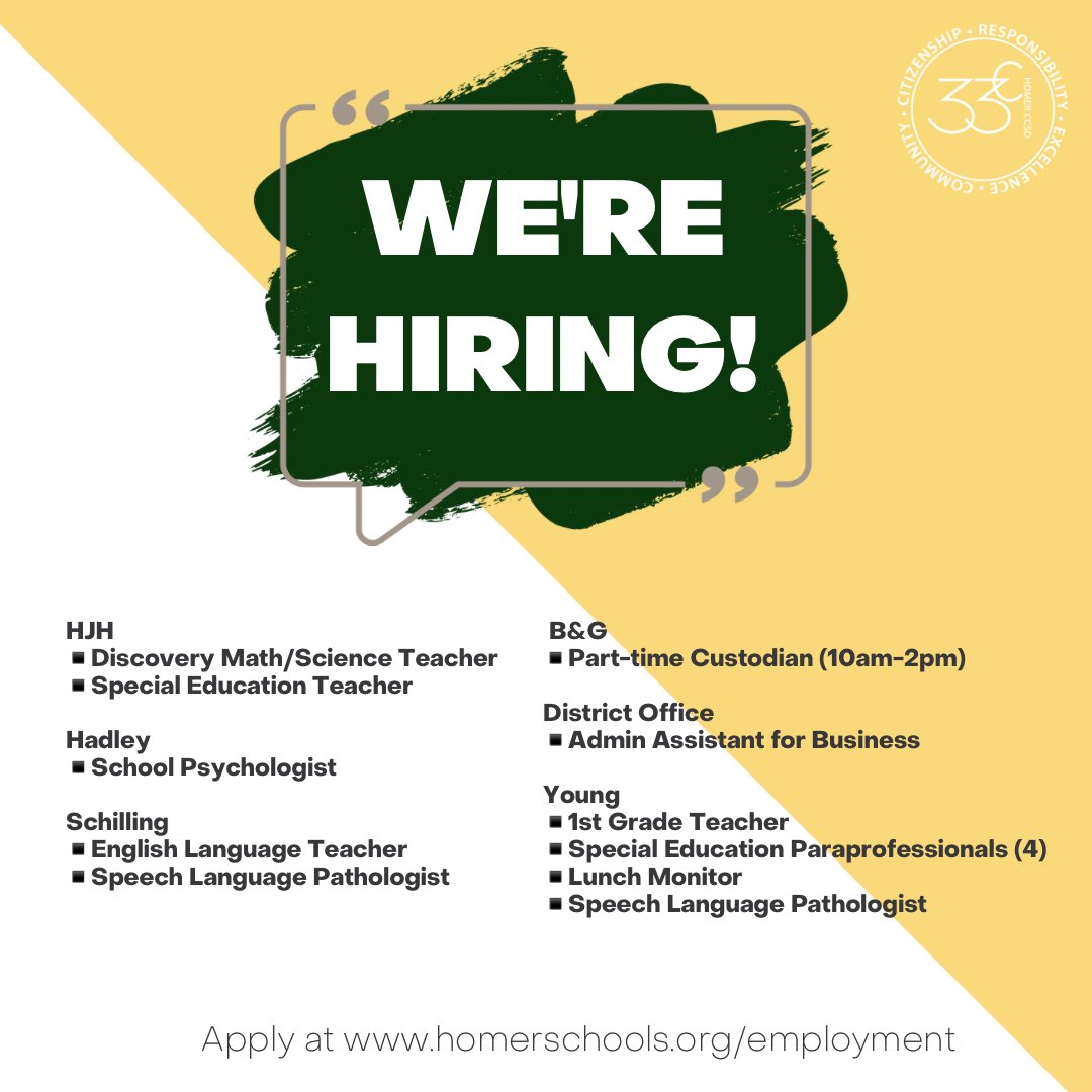Homer 33C is hiring multiple positions! #Homer33C #Every33CDayCounts #NoPlaceLikeHomer
